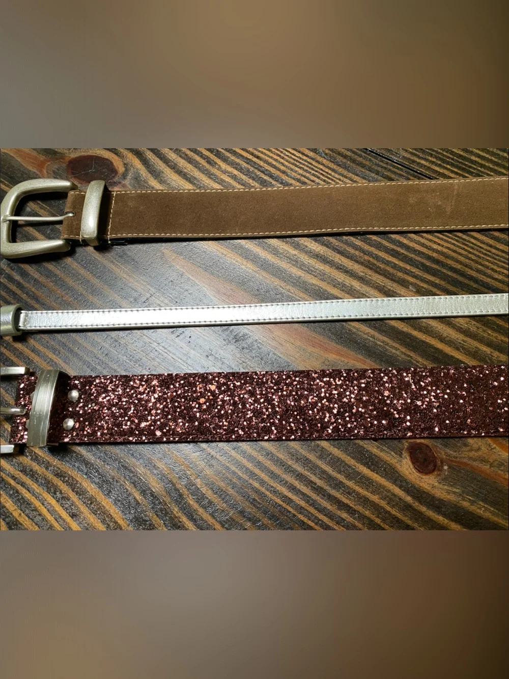 Set of 3 Belts - Copper Glitter NWT, Metallic Silver NWOT, Brown suede - Sz S/M